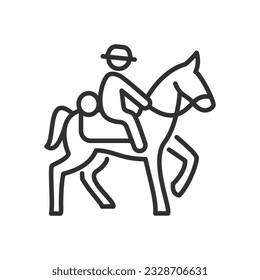 Person on horseback, linear icon. Riding a horse, travel. Line with editable stroke