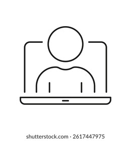 Person On Laptop Screen Line Icon. Virtual Meeting, Online Communication, And Remote Work Outline Symbol. Digital Interaction And Telecommuting. Editable Stroke. Isolated Vector Illustration.