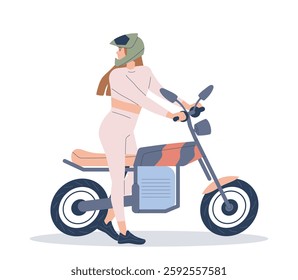 Person on motorcycle. Happy girl in protective helmet driving scooter or riding bike. Character on motor transport and vehicle. Flat vector illustration isolated on background