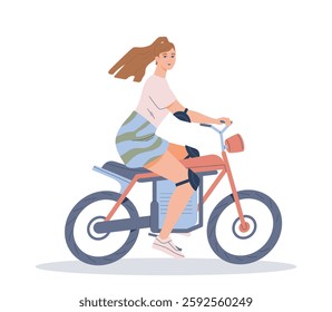 Person on motorcycle. Happy teenage girl riding bike and having fun. Character driving scooter. Woman moves on vehicle. Flat vector illustration isolated on background