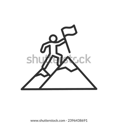 A person on a mountain with a flag, linear icon. Reaching the top. Success. Line with editable stroke