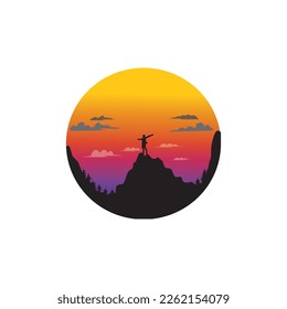 person on the mountain illustration design adventure landscape evening vector coloring.