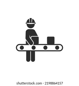 Person on a production belt, vector icon. Monochrome black and white symbol