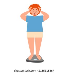 A person on a scale is holding on to his head.