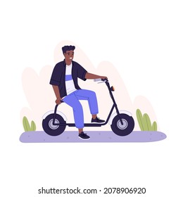 Person on seat of electric scooter. Modern black man with eco-friendly moped. Rider sitting on chair of trendy urban transport. Flat vector illustration of bike driver isolated on white background