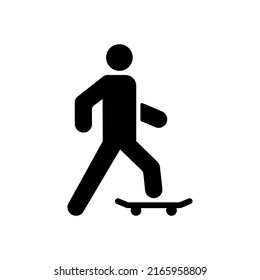 Persona en Skateboard Black Silhouette Icon. Pictograma deportivo de patinaje deportivo. Símbolo plano de afición al patinador. Signo de ocio de patinaje. Actividad callejera moderna. Ilustración de vectores aislados.