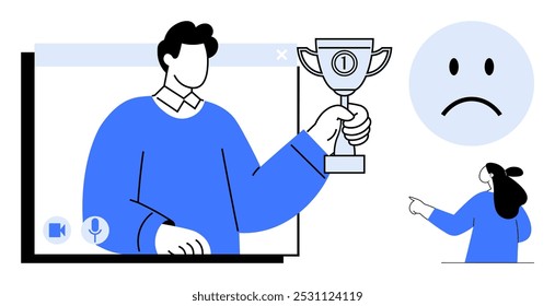 Video Una persona en una llamada que sostiene un trofeo simboliza la victoria y la celebración. Un icono de cara triste y otro personaje que apunta ilustran temas de decepción y envidia. Estilo sencillo y moderno. Ideal