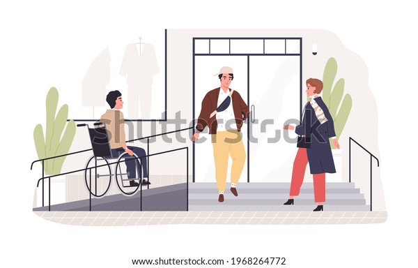 Person on wheel chair moving to accessible
building entrance with ramp. Wheelchair-friendly city environment.
Disabled people inclusion concept. Flat vector illustration
isolated on white
background