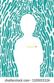 A person on a white background surrounded by blue green bubbles and with 'love inside'