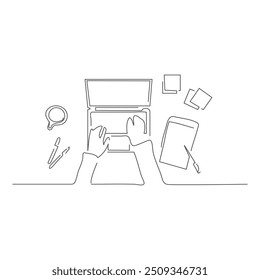 Person on a work desk isolated drawing, vector illustration design. Continuous one line drawing businessman with pen writes workflow strategy on note. Work flow concept. Single line draw.