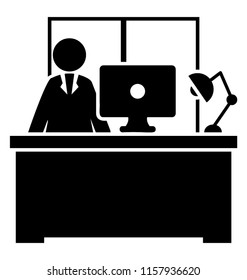 
A person on a working desk having table lamp and computer depicting workplace 
