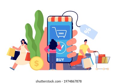 Person online shopping. Easy payment, shop app smartphone. Modern woman buy, ecommerce and delivery. Internet customer utter vector concept