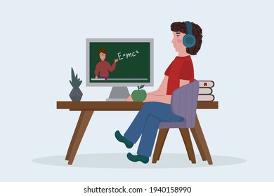 A person for Online training. Hand-drawn training of a young man from home with a computer desk. Banner for Online webinar, university students, for digital exam. Vector illustration