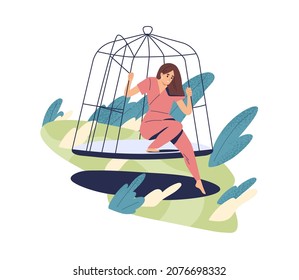 Person open cage, overcome fear and doubt, escape comfort zone. Psychological concept of freedom and risk. Woman become free, get rid of phobia. Flat vector illustration isolated on white background - Shutterstock ID 2076698332