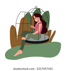 Person open cage, overcome fear and doubt, escape comfort zone. Psychological concept of freedom and risk. Woman become free, get rid of phobia. Flat vector illustration isolated on white background