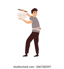 Person with open clapperboard in hands. Movie assistant shutting filmstick of clapper board before scene shoot. Man and clapboard at film making. Flat vector illustration isolated on white background
