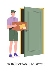 Person open door concept. Man near doorway in home or office. Character go in or go out. Courier with parcel in hands. Cartoon flat vector illustration isolated on white background