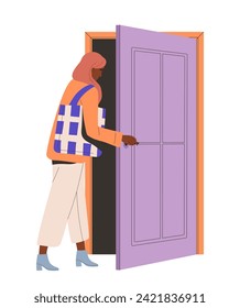 Person open door concept. Woman near doorway in home or office. Character go in or go out. Young girl with bag. Template and layout. Cartoon flat vector illustration isolated on white background