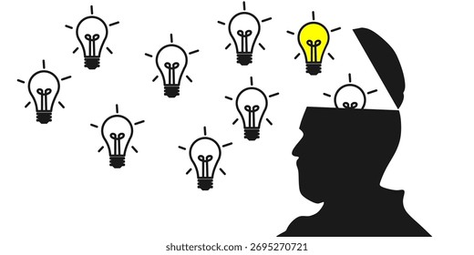 person with an open head and multiple light bulbs floating around, representing creativity, brainstorming, innovation, and new ideas. One bright yellow light bulb 