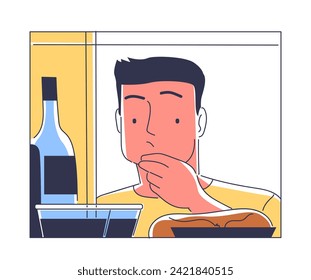 Person open refrigerator doodle. Man take sausages and eggs. Scene from kitchen. Daily routine and life. Poster or banner. Simple flat vector illustration isolated on white background