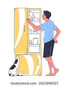 Person open refrigerator doodle. Man take natural and organic products. Scene from kitchen. Sticker for social networks and messengers. Simple flat vector illustration isolated on white background