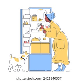 Persona abre el doodle de refrigerador. Las mujeres toman productos naturales y orgánicos. Escena de la cocina. rutina diaria y vida. Ilustración vectorial plana simple aislada en fondo blanco