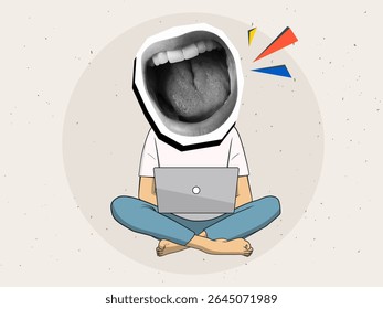 Person with an opened screaming mouth. Sitting woman with a laptop. Modern photo collage style. Vector illustration