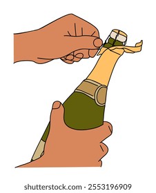 Person opening bottle of champagne. The person holding the bottle with one hand and using the other hand to remove corked cap. Vector illustration isolated on white background