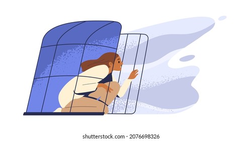 Person Opening Cage To Become Free And Escape From Mental Problems. Freedom And Liberation, Releasing From Anxiety And Fear, Psychology Concept. Flat Vector Illustration Isolated On White Background