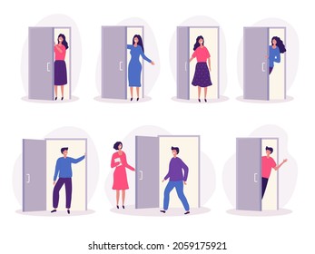 Person opening door. Office workers standing and holding exit wooden door interior objects privacy concept recent vector illustrations