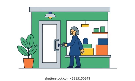 Person opening store door with key business entrance commencing building