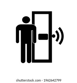 A person opens the door with a wireless key. Icon. Vector illustration