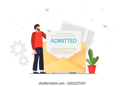 La persona abre el correo electrónico con la admisión de los documentos, recibiendo respuesta positiva, recibiendo la carta entrante por correo electrónico con los documentos admitidos, contratando personas en concepto de trabajo, ilustración vectorial plana