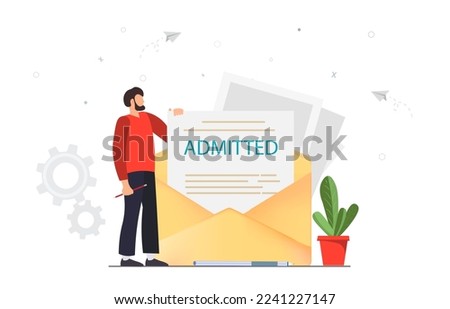 Person opens e-mail with admitting the documents, recieving positive answer, getting incoming letter by e-mail with admitted documents, hiring people on work concept, flat vector illustration