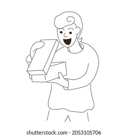 eine Person öffnet ein Geschenk mit einer Vektorlinie . Frohes Gesicht. Feierliche Stimmungsgrafik auf weißem Hintergrund