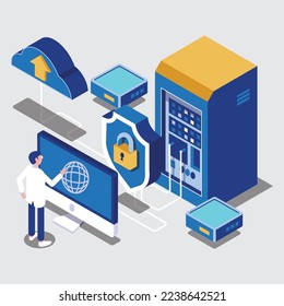 A person operating data security online server, datacentre blockchain protection. vector illustration