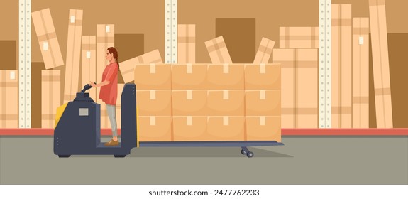 Person operating a pallet jack in a warehouse surrounded by boxes, on a light background. Concept of logistics and inventory. Vector illustration