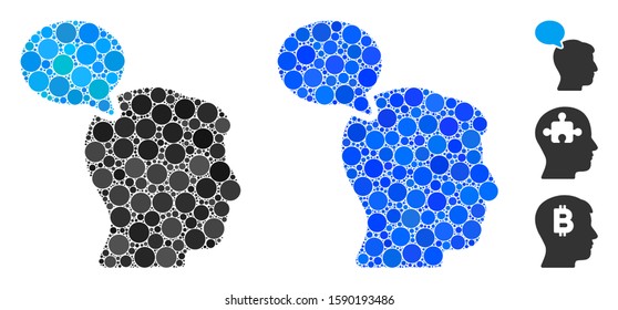 Person opinion composition of small circles in different sizes and color tints, based on person opinion icon. Vector filled circles are organized into blue mosaic.