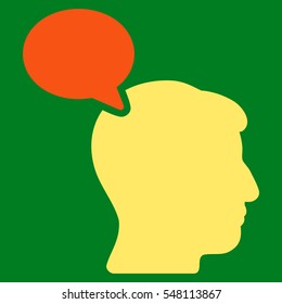 Person Opinion vector pictogram. Style is flat graphic bicolor symbol, orange and yellow colors, green background.