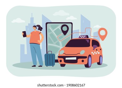 Person ordering cab to airport online. Big screen with route on city map, taxi car, passenger with luggage. Vector illustration for travel, transportation, transport service concept