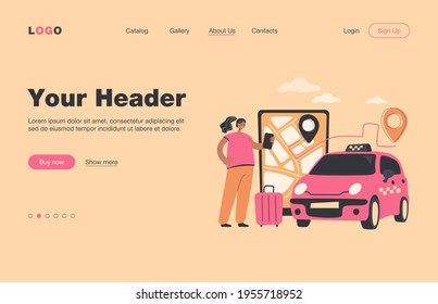 Person ordering cab to airport online. Big screen with route on city map, taxi car, passenger with luggage. Vector illustration for travel, transportation, transport service concept