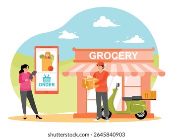 A person ordering groceries online via smartphone and courier delivering goods from online shop by scooter. Online grocery shopping concept.