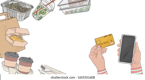 Person orders food online by phone and pays with a Bank card. Paper bags, drinks, hot food and sandwiches in disposable packaging on a white background. Food delivery. Space for your text. Template.