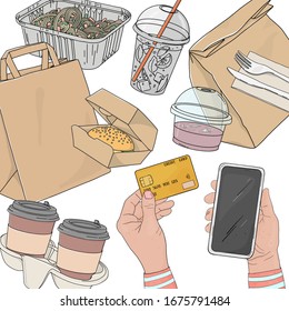 Person orders food online by phone and pays with a credit card. Paper bags, drinks, hot food and sandwiches in disposable packaging on a white background. Food delivery. Space for your text. Template