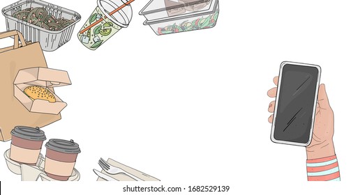 Person orders food online, by phone. Paper bags, drinks, hot food and sandwiches in disposable packaging on a white background. Food delivery. Space for your text. Template 