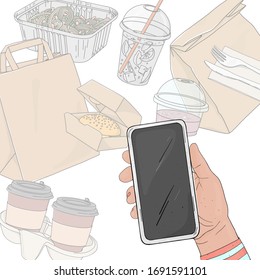 Person orders food online, over the phone. Paper bags, drinks, hot food and sandwiches in disposable packaging. Food delivery.