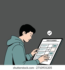 Persona organiza la programación con el planificador de tareas digital en la tableta, la gestión eficiente de las tareas. Plan tu día con herramientas de productividad modernas. Lograr objetivos con organización digital.