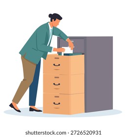Persona que organiza documentos y carpetas en un archivador. Ilustración vectorial plana en estilo Corporativa de Memphis para la gestión de oficinas y conceptos de archivo. Aislado sobre fondo blanco.