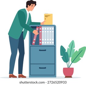 Persona que organiza documentos y carpetas en un archivador. Ilustración vectorial plana en estilo Corporativa de Memphis para la gestión de oficinas y conceptos de archivo. Aislado sobre fondo blanco.