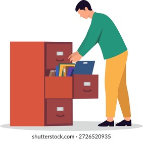 Persona que organiza documentos y carpetas en un archivador. Ilustración vectorial plana en estilo Corporativa de Memphis para la gestión de oficinas y conceptos de archivo. Aislado sobre fondo blanco.